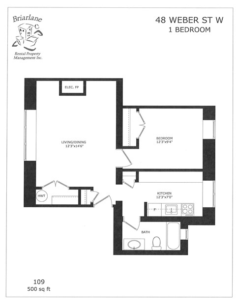 A floor plan for a 1 bedroom rental property.