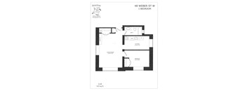 A floor plan for a 1 bedroom apartment at 48 Weber St W.