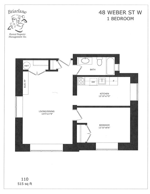 A floor plan for a 1 bedroom apartment at 48 Weber St W.