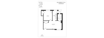 A floor plan for a 1 bedroom apartment at 48 Weber St W.