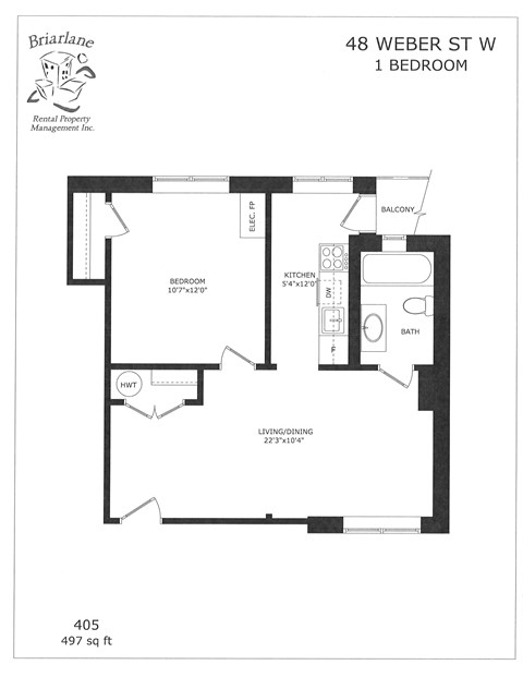 A floor plan for a 1 bedroom apartment at 48 Weber St W.
