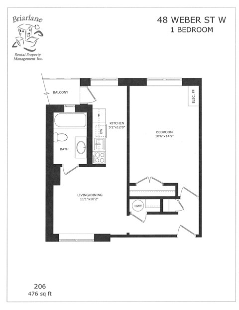 A floor plan for a 1 bedroom apartment at 48 Weber St W.