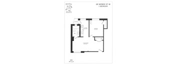 A floor plan for a 1 bedroom apartment at 48 Weber St W.