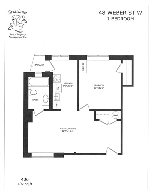 A floor plan for a 1 bedroom apartment at 48 Weber St W.