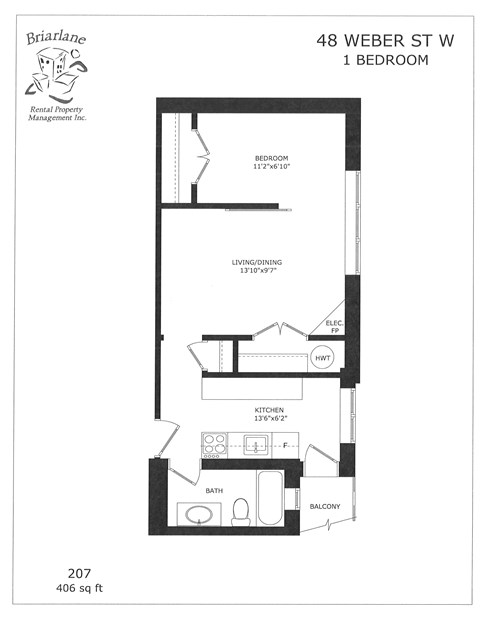 A floor plan for a 1 bedroom apartment at 48 Weber St W.
