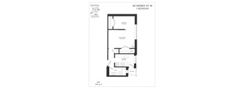 A floor plan for a 1 bedroom apartment at 48 Weber St W.