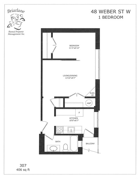 A floor plan for a 1 bedroom apartment at 48 Weber St W.