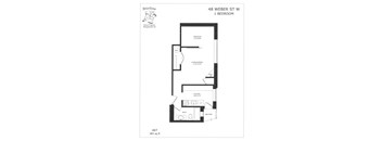 A floor plan for a 1 bedroom apartment at 48 Weber St W.