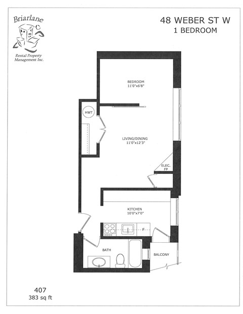 A floor plan for a 1 bedroom apartment at 48 Weber St W.