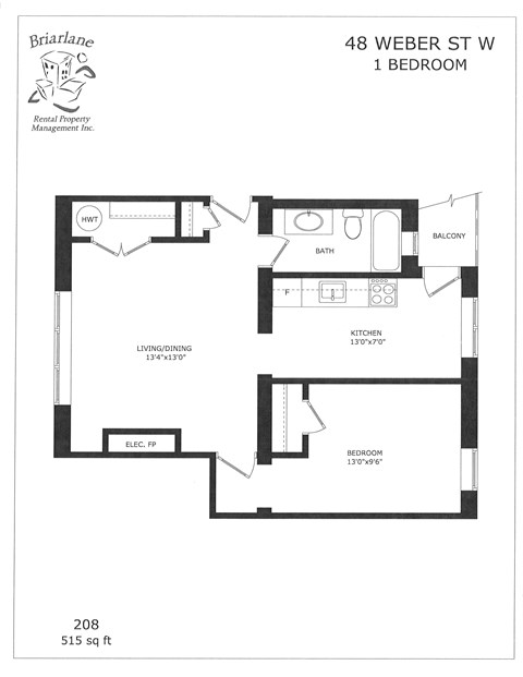 A floor plan for a 1 bedroom apartment at 48 Weber St W.