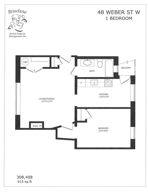 A floor plan for a 1 bedroom rental property.