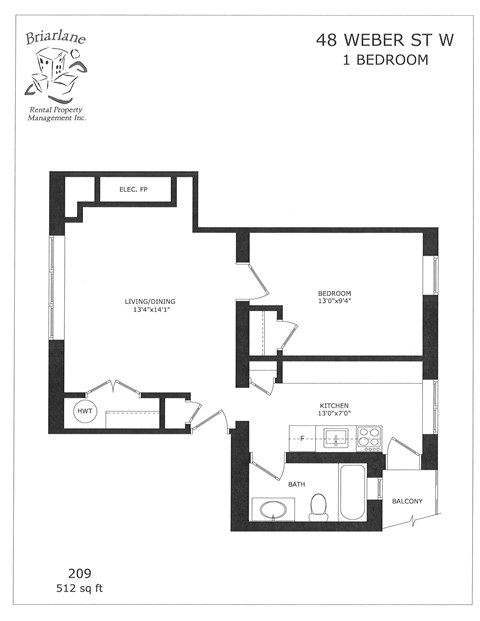 A floor plan for a 1 bedroom apartment at 48 Weber St W.