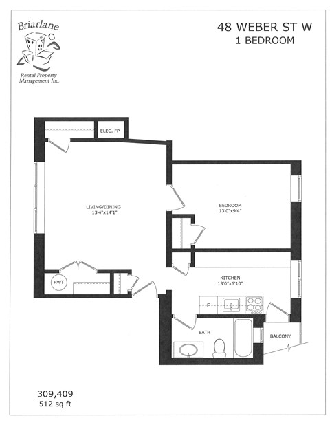A floor plan for a 1 bedroom rental property at 48 Weber St W.