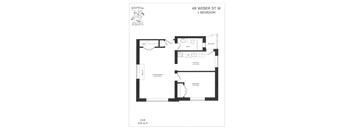 A floor plan for a 1 bedroom apartment at 48 Weber St W.