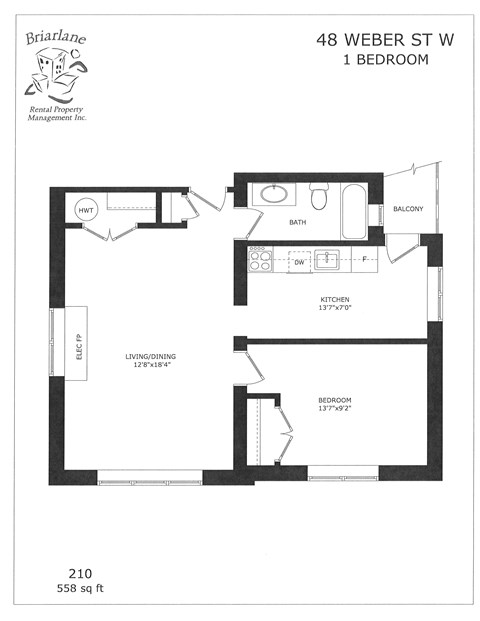A floor plan for a 1 bedroom apartment at 48 Weber St W.