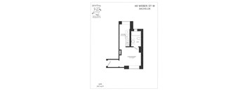 A floor plan for a Bachelor apartment at 48 Weber St W shows a kitchen, living/bedroom and bathroom.