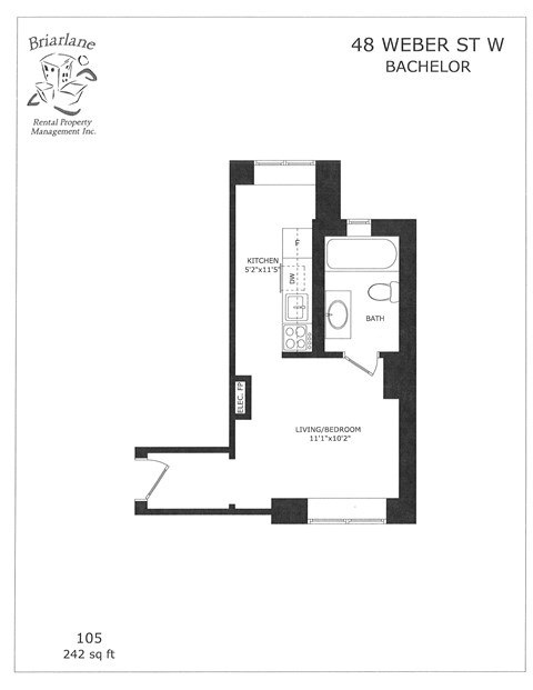 A floor plan for a Bachelor apartment at 48 Weber St W shows a kitchen, living/bedroom and bathroom.