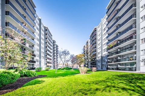 A grassy area in front of apartment buildings.