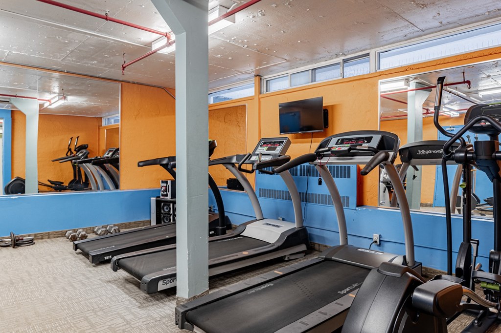 A gym with treadmills and exercise equipment.