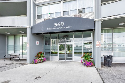 The front of a building with the number 569 on it.