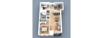 a 3d floor plan of an apartment with a bedroom and living room and deck