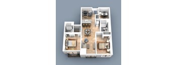 a 3d rendering of a floor plan with 3 bedrooms and a living room