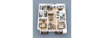 3d floor plan of an apartment with 2 bedrooms and living room and 2 bathrooms
