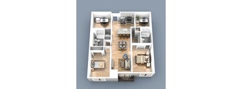 a 3d rendering of an apartment with 2 bedrooms, living room, den and deck
