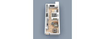 a floor plan of a studio apartment with a full bath and laundry