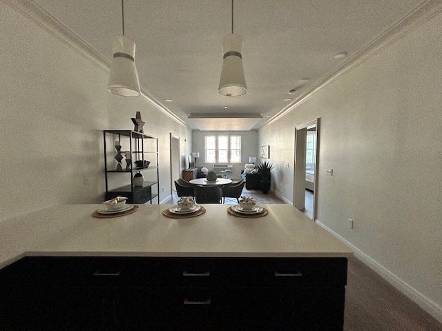 a living room with a table with plates on it