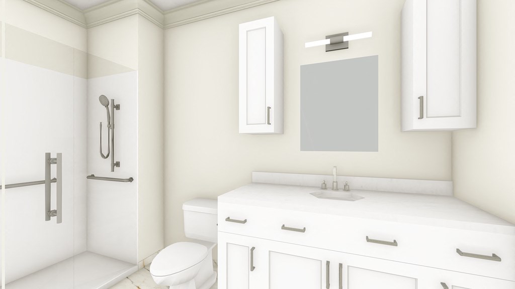 a white bathroom with a toilet sink and mirror