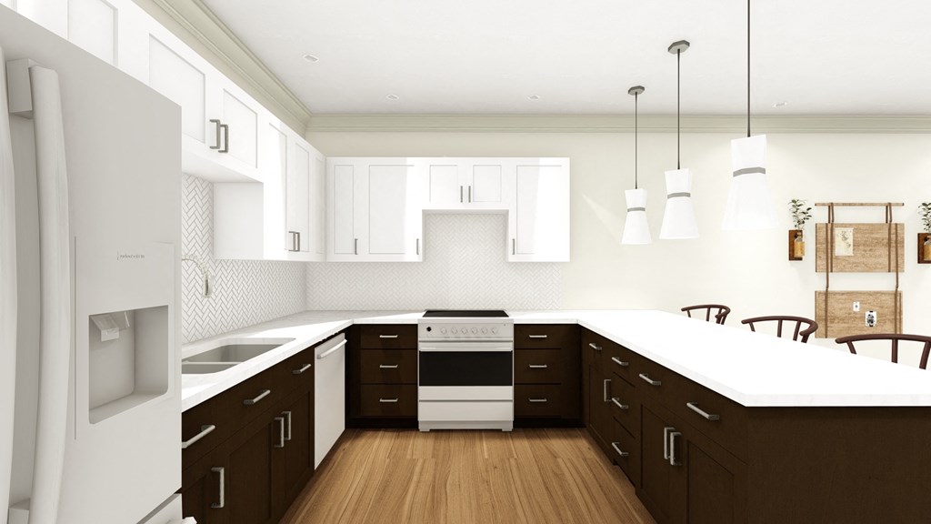 a large kitchen with white counter tops and black cabinets