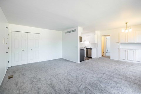 A spacious room with a grey carpet and white walls.