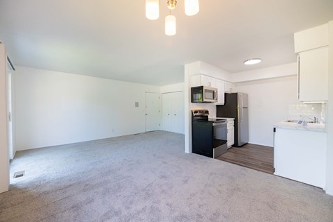 A spacious living area with a kitchenette and a microwave.