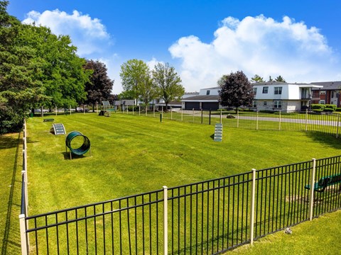 a fenced in dog park with agility equipment and houses