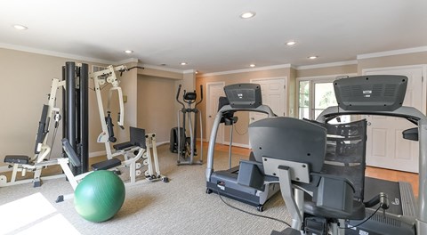 A well-equipped home gym with a variety of exercise machines and a green exercise ball.