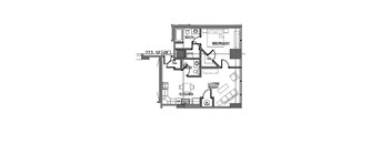 A floor plan of a small apartment with a living room, kitchen, and bedroom.