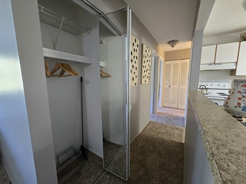 A room with a white wall and a brown carpet.
