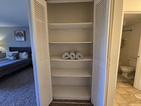 A white closet with shelves and a carpeted floor.