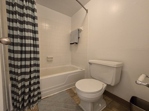 a bathroom with a toilet and a tub and a shower curtain