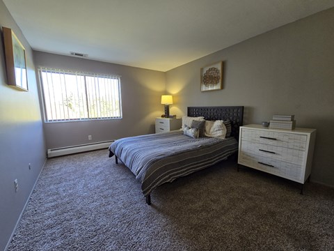 a bedroom with a bed and dresser and a window