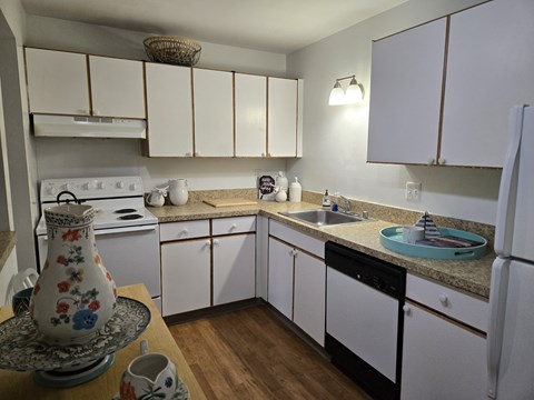 a kitchen with white cabinets and a sink and a refrigerator