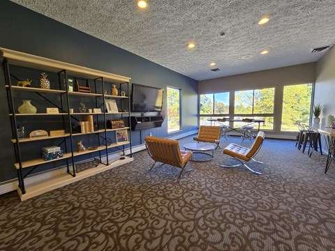 a living room with a couch and chairs and a television