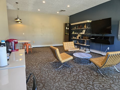 a living room with chairs and a tv