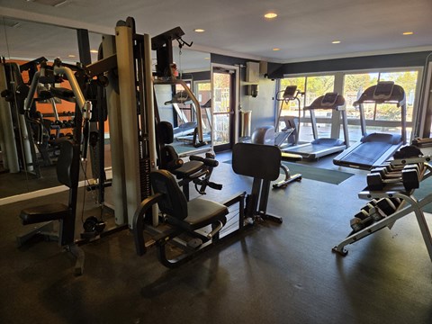 a workout room with weights and cardio equipment in a gym