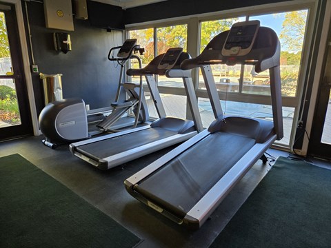 two treadmills in a gym with a view of the window
