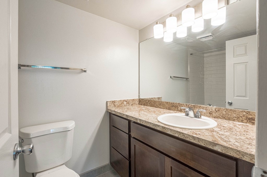 the preserve at ballantyne commons apartment bathroom with toilet sink and mirror