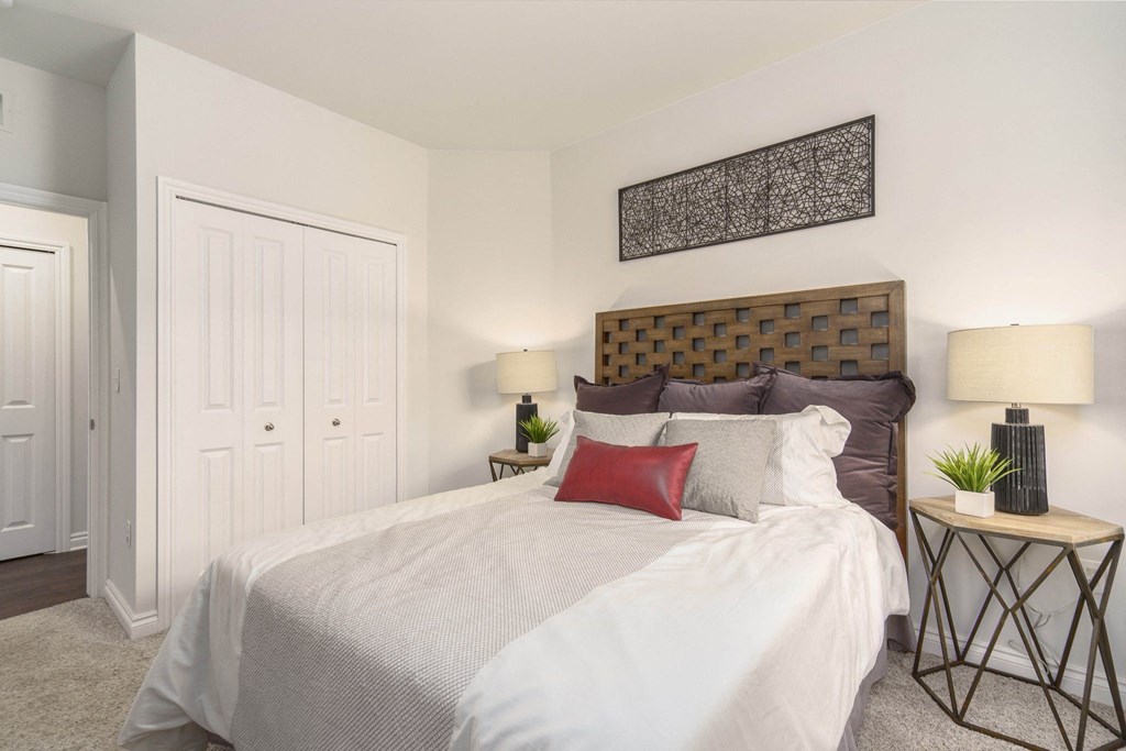 a bedroom with a large bed and a closet