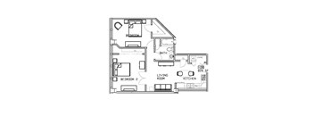 A floor plan of a house with two bedrooms, a living room, kitchen, and bathroom.