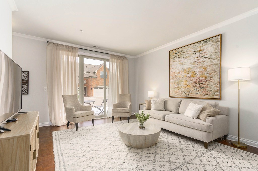 a living room with a couch and a tv and a rug